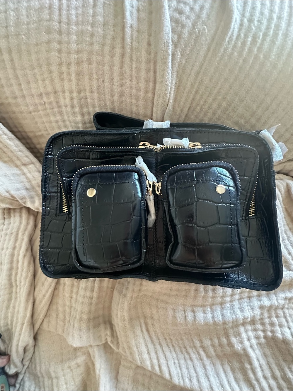 Nunoo Ellie Texas Black Croc-Embossed Cargo Bag